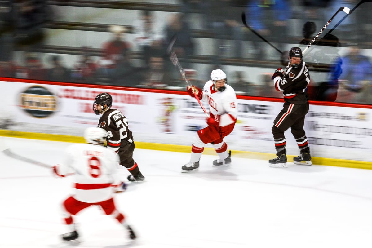 Cornell player in white celebrates with stick raised while players and a referee react nearby along the boards